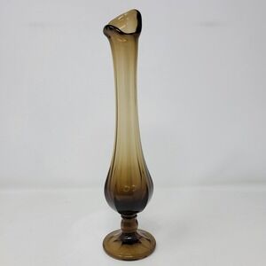 Viking Glass Amber Brown Swung Bud Vase 11 Inch Mid Century Modern Ribbed MCM